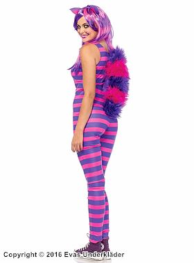 Kvinnelig Cheshire-katt fra Alice i Eventyrland, kostyme-catsuit, horisontale striper